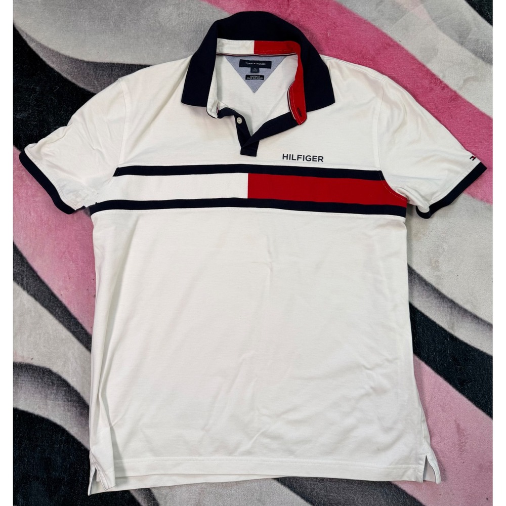 Tommy Hilfiger Mens XL Custom Fit Polo Shirt White Navy Red Colorblock Stripe